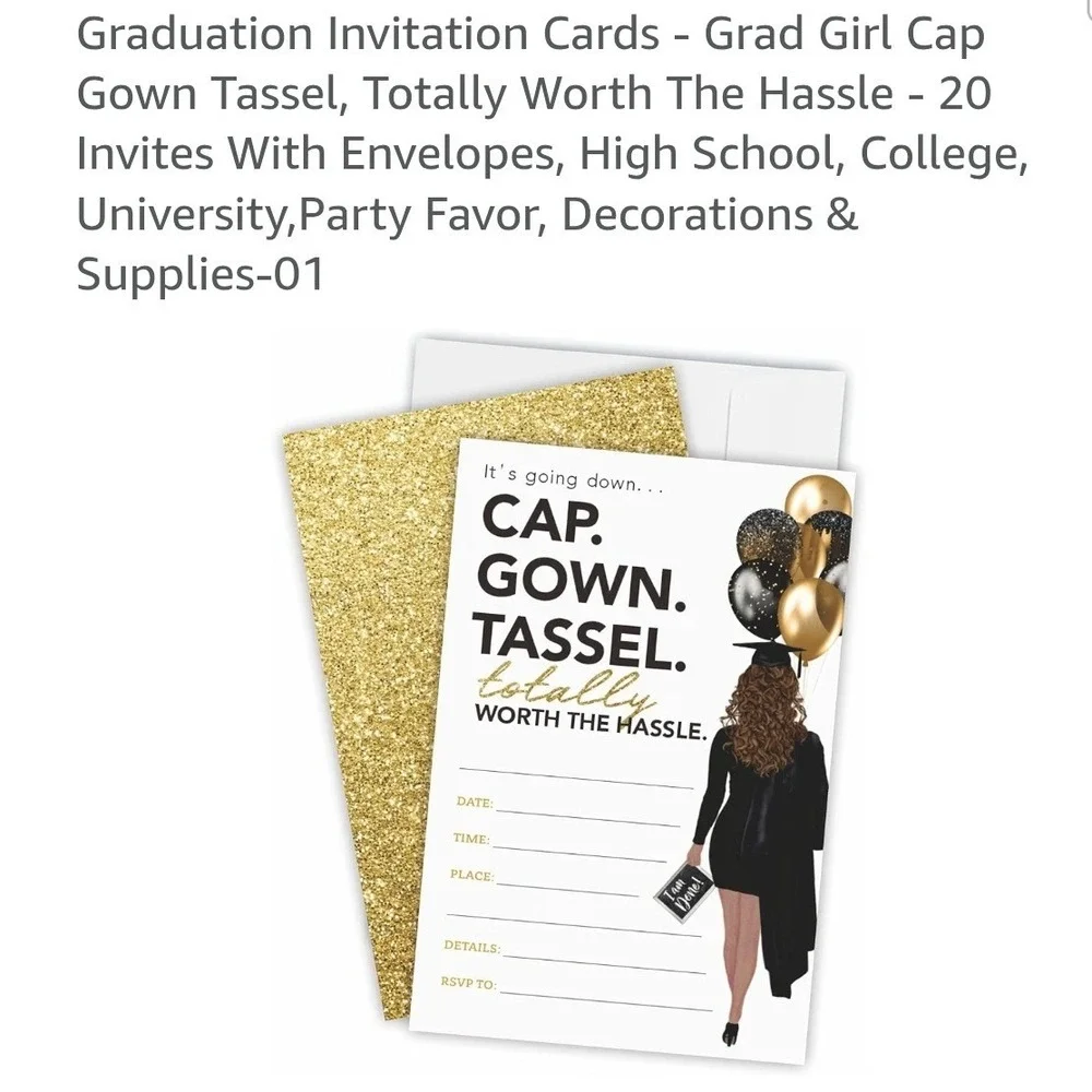 Graduation Invitation Cards Gold Glitter Cap Gown Tassel 20 count